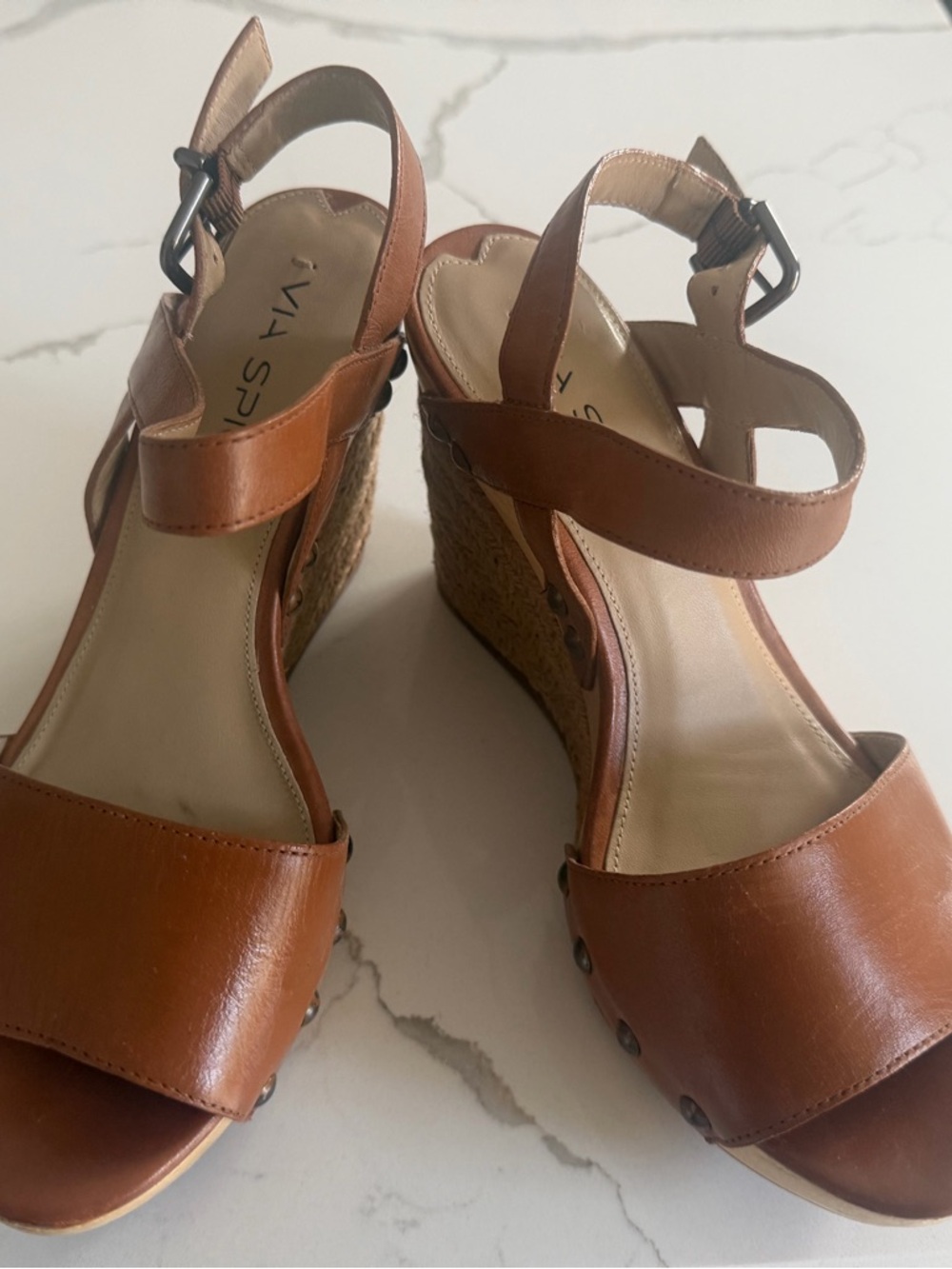 Via Spiga Cognac Leather Cork Wedge Sandals